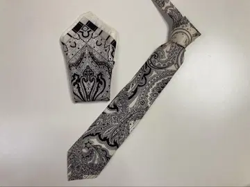 새상품급 ETRO 에트로 넥타이+치프 세트 화이트 페이즐리 무늬