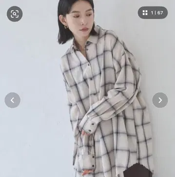 아이보리 블랙 체크 무늬 긴팔 셔츠