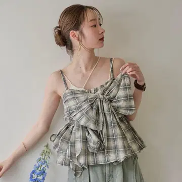 mideal 옴브레 체크 더블 리본 뷔스티에 아이보리