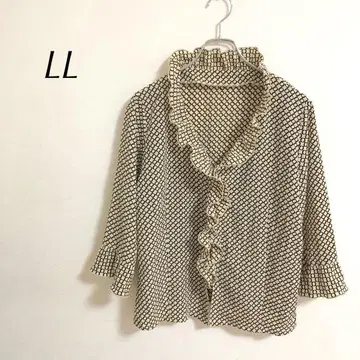 블라우스 (LL) 티셔츠 옷깃 프릴 올 패턴 베이지 x 블랙