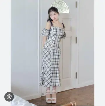 M me eme 2way 체크 롱 머메이드 드레스