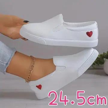 슬립온 화이트 스니커즈 하트 원 포인트 데크 슈즈 24.5cm