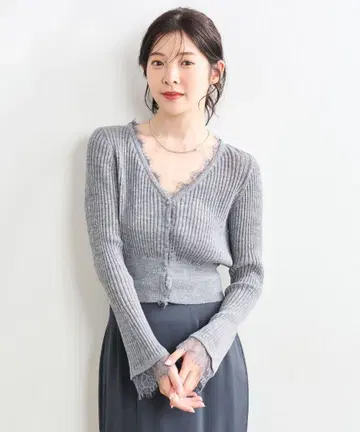 즉완 코코딜 택 포함 시어 리브 레이스 가디건 멜란지 그레이