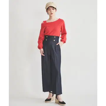 다크 블루 버튼 하이웨스트 와이드 팬츠
