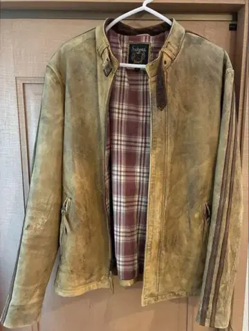 샷 빈티지 베이지 싱글 라이더 자켓