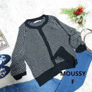 moussy 가디건 (M 상당) 화이트/블랙/코튼 혼방/헨리본 패턴