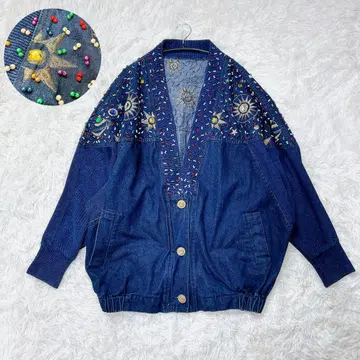 컬러풀 비즈 스톤 자수 개성있는 레트로 데님 자켓