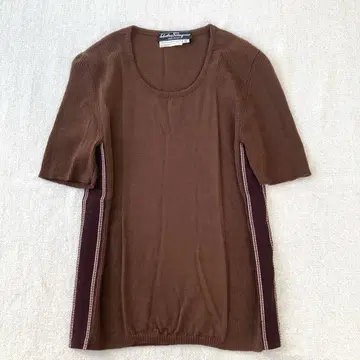 살바토레 페라가모 울 니트 크루넥 리본 테이프 브라운