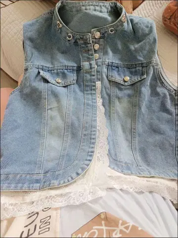 데님 레이스 부착 노카라 베스트