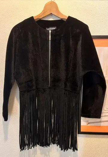 프린지 장식 노카라 자켓 블랙