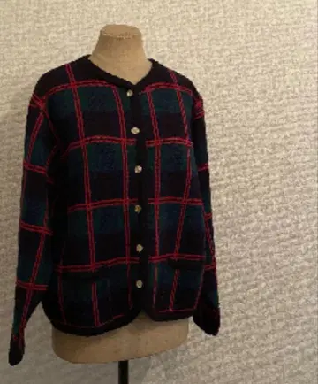빈티지 체크 무늬 긴팔 가디건