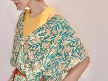 카푸아 인도 면 잎 패턴 반팔 셔츠 원피스 미모사