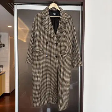 ZARA 체크 무늬 더블 브레스트 롱 코트
