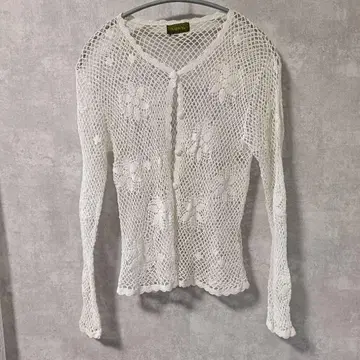 MINY 빈티지 크로쉐 가디건 꽃 레트로 화이트 긴팔 시스루 니트
