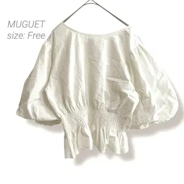 [] MUGUET 새상품급 벌룬 슬리브 셔츠 오부 소매 화이트 리본