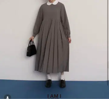 I AM I 그레이 카라 부착 플리츠 원피스 긴팔 OJO pleats