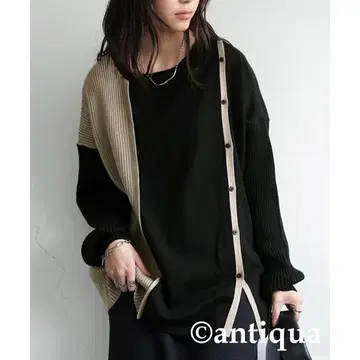 antiqua 안티카 루즈핏 배색 절개 디자인 니트 블랙 베이지