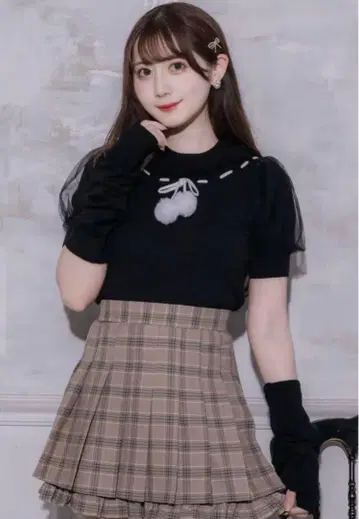 pium 퍼 리본 암워머 포함 니트 블랙