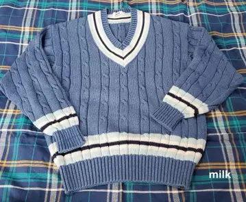 VAN Jacket 아동용 V넥 스웨터 색상 블루 면 니트