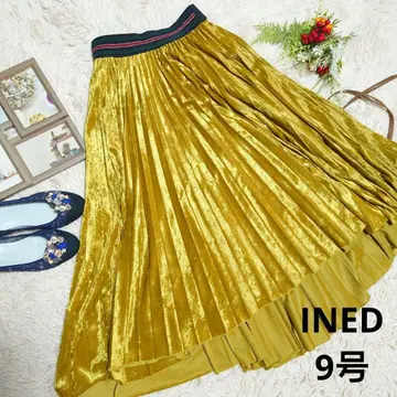 INED 벨로아 롱 플리츠 스커트 (M) 브라운+옐로우 컬러