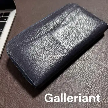 Galleriant 네이비 가죽 라운드 지퍼 장지갑