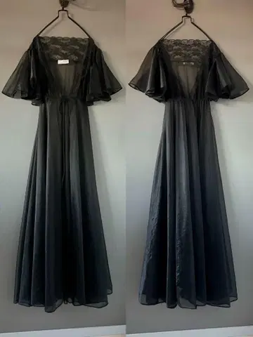 빈티지 70s USA 특수 레이스 블랙 볼륨 원피스 드레스 새상품급