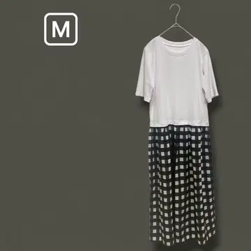 도킹 원피스 체크 무늬 심플 캐주얼 스트레치 화이트 블랙 M