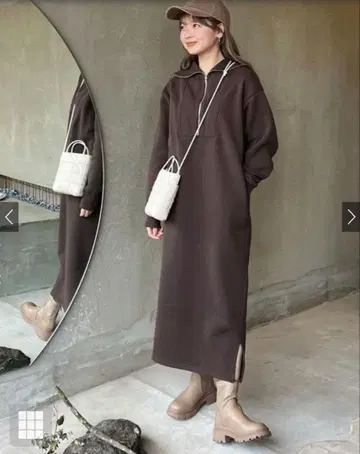 다크 브라운 카라 맨투맨지 속기모 롱 원피스