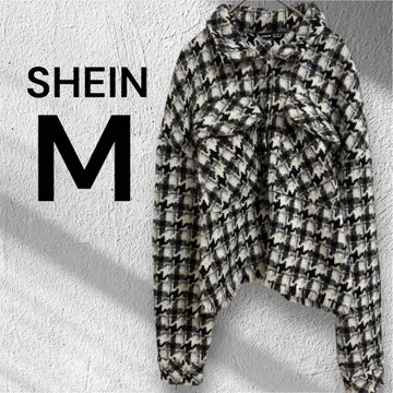 쉬인 SHEIN 코트 숏 기장 하운드투스 트위드 라메 M 프린지