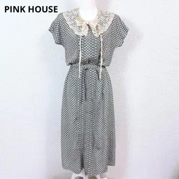PINK HOUSE 반팔 롱 플레어 원피스 옷깃 레이스 도트