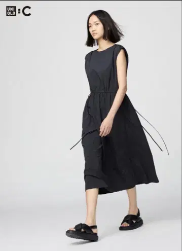 UNIQLO C 개더 원피스 슬리브리스 블랙 S