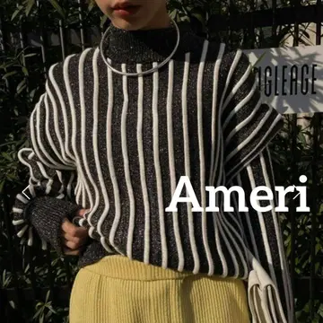 Ameri vintage 실버 라메 혼방 입체 보더 하이넥 니트 그레이