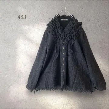 45R 울 융모 와이드 블라우스 프릴 디자인 차콜 그레이