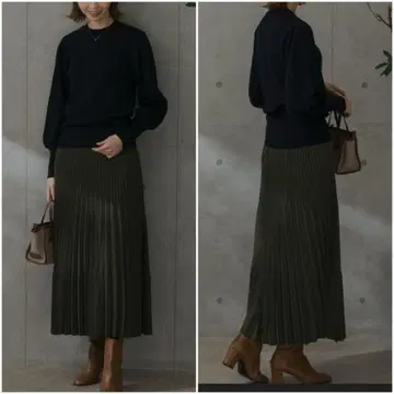 올리브 플리츠 롱 스커트