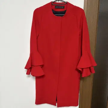 ZARA 빨간색 프릴 슬리브 노카라 코트, XS