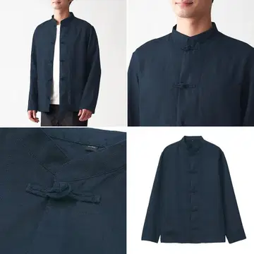 무인양품 프렌치 린넨 워싱 묶음 단추 스탠드 카라 셔츠 S-M 네이비