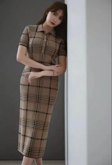 Gold-Buttoned Plaid Knit Dress