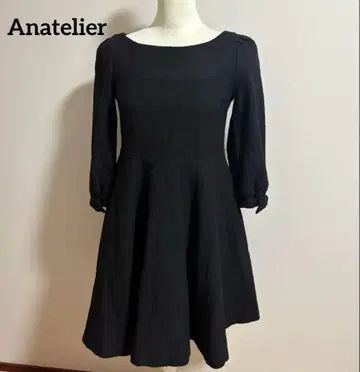 Anatelier 블랙 벌룬 슬리브 트위드 플레어 원피스 36