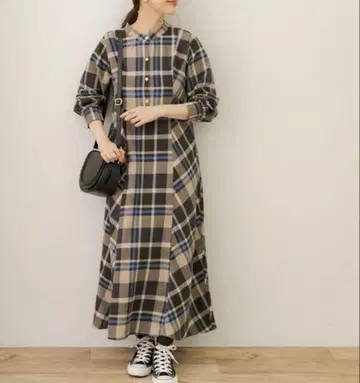 서니 라벨 체크 롱 스커트 브라운 롱