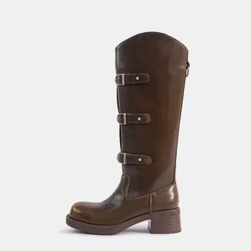 여성용 천연 가죽 롱 부츠 벨트 포함 5cm 힐 브라운