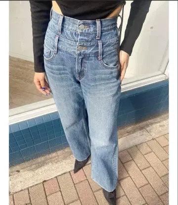 더블 허리 와이드 데님 팬츠