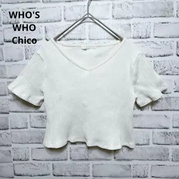 [ WHO'S WHO Chico ] 리브 티셔츠 숏 기장 V넥 F 화이트