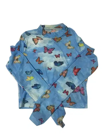 나비 프린트 긴팔 티셔츠 파란색 시스루 버터플라이 개성