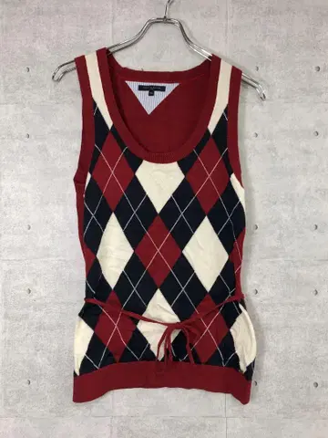 TOMMY HILFIGER 아가일 코튼 니트 슬리브리스 상의