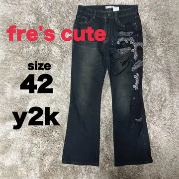 프레즈 큐트 y2k 레이스 장식 플레어 데님 헤이세이 갸루 키라키라
