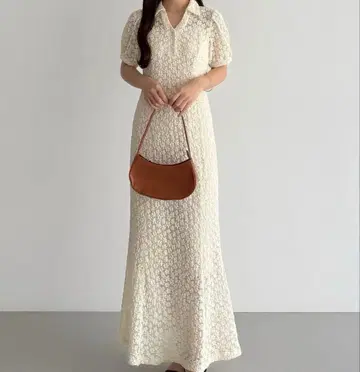 아이보리 반팔 폴로 셔츠 스타일 맥시 원피스