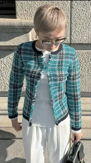 JENNE 트위드풍 체크 니트 자켓 M