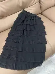 블랙 플리츠 롱 스커트 프린지 마감