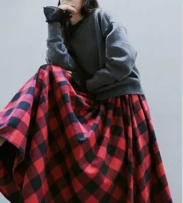 리브라큐 블록 체크 볼륨 롱 스커트 빨간색 맥시