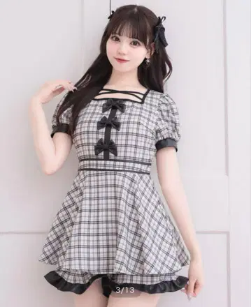 pium 피 바이컬러 가죽 리본 셋업 아이보리 체크